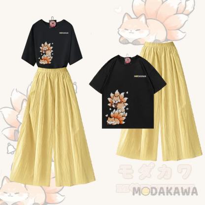 MODAKAWA X atka Nine Tails Fox Graphic 100% Cotton T-Shirt und Wide Leg Pants Zweiteiliges Set - Schwarz & Gelb - XL - image 3