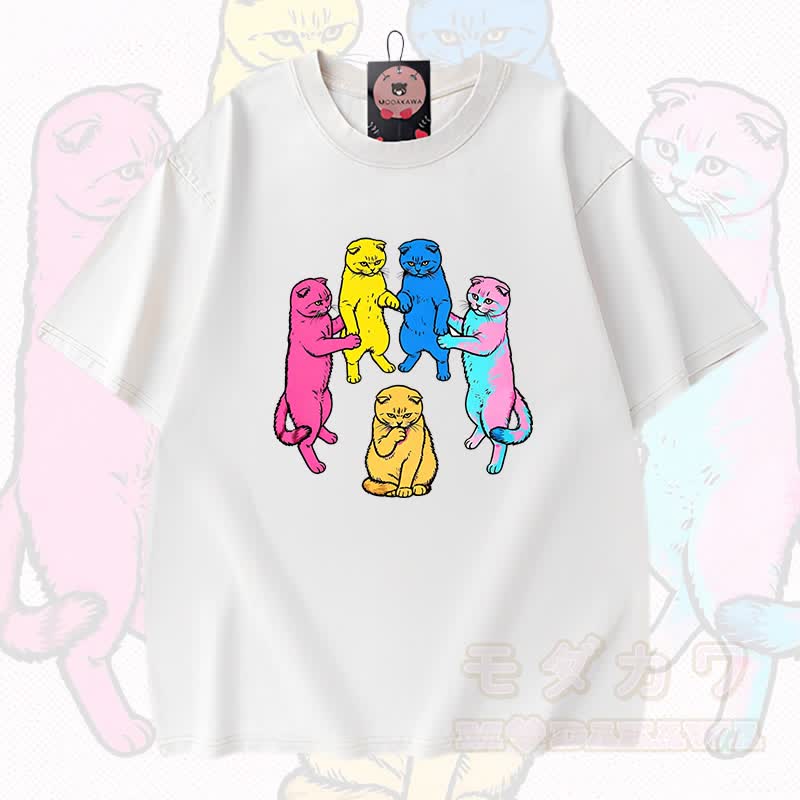 MODAKAWA Katzen-Grafik Vintage-gewaschenes T-Shirt aus 100 % Baumwolle - Weiß - 3XL - image 3