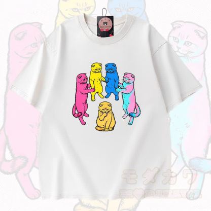 MODAKAWA Katzen-Grafik Vintage-gewaschenes T-Shirt aus 100 % Baumwolle - Weiß - 3XL - image 3