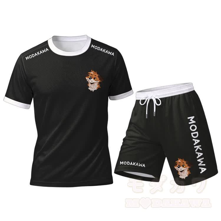 MODAKAWA X atka Fox Graphic Herren-Sport-T-Shirt mit Kordelzug und passender Shorts - Schwarzes Set - 5XL - image 13