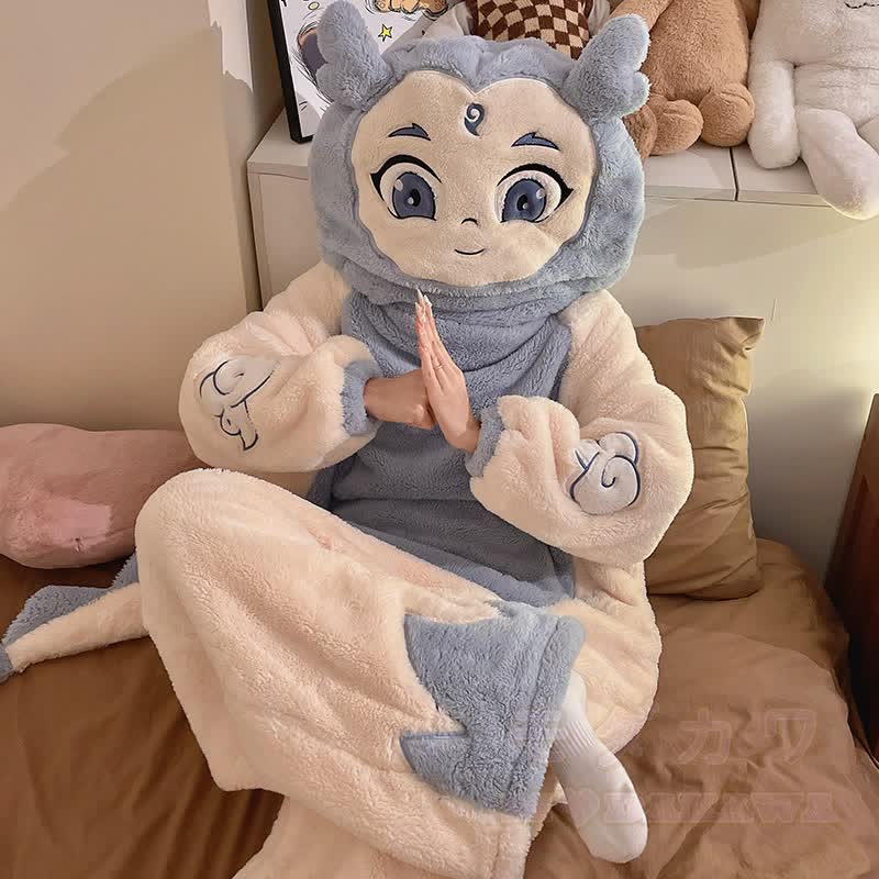 Lustiger Farben abgesetzter Plüsch-Kapuzen-Einteiler-Schlafanzug - image 4