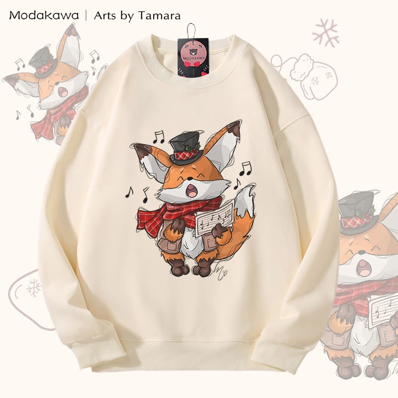 MODAKAWA X Arts by Tamara Singing Fox Christmas Graphic Unisex Sweatshirt - Beige - 5XL - image 3