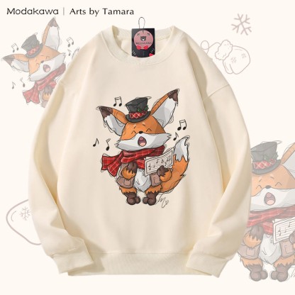 MODAKAWA X Arts by Tamara Singing Fox Christmas Graphic Unisex Sweatshirt - Beige - 5XL - image 3