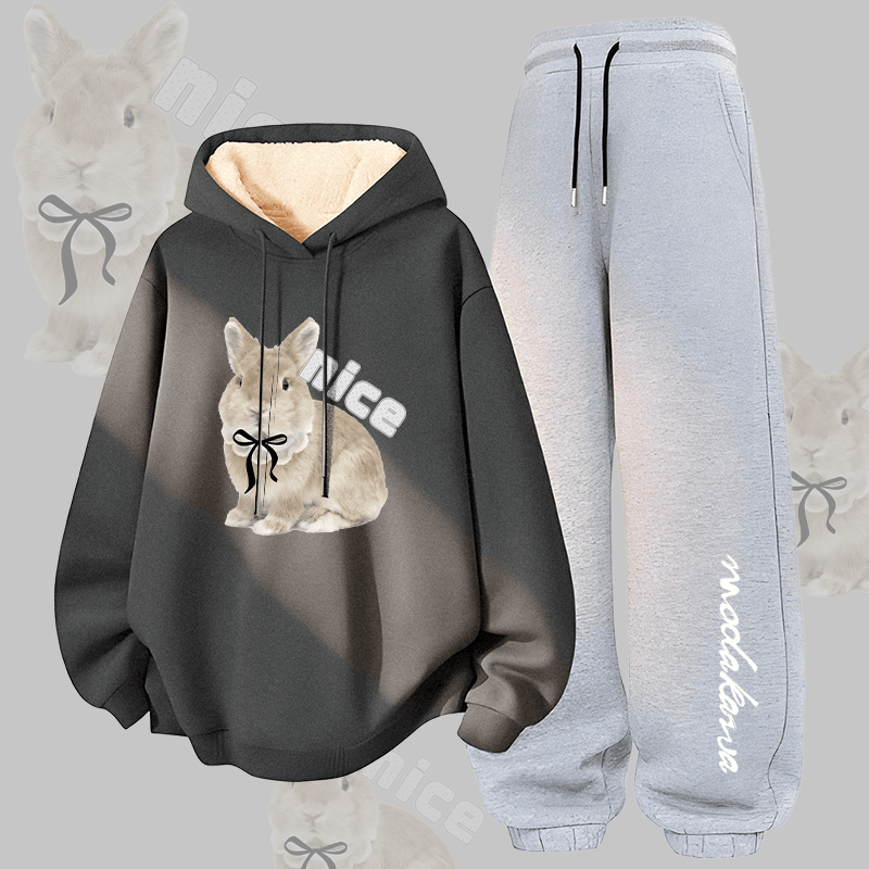 MODAKAWA NICE Zweiteiliges Set mit Kapuze, Hose und Bow Bunny-Motiv, dick gefüttert mit Fleece - Dark Grey&Grey - 5XL - image 2