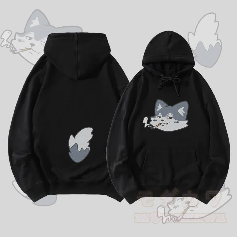 MODAKAWA Streetwear-Pullover-Hoodie mit Raucherwolf-Motiv (Gesicht und Schwanz) - Schwarz - 5XL - image 4