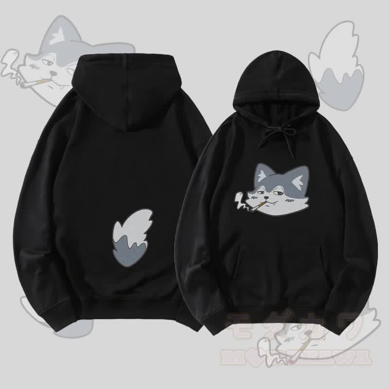 MODAKAWA Streetwear-Pullover-Hoodie mit Raucherwolf-Motiv (Gesicht und Schwanz) - Schwarz - 5XL - image 4