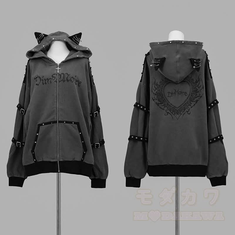 Gothic Y2K Katzenohren-Oversize-Kapuzenmantel mit Reißverschluss - Grau - One Size - image 5