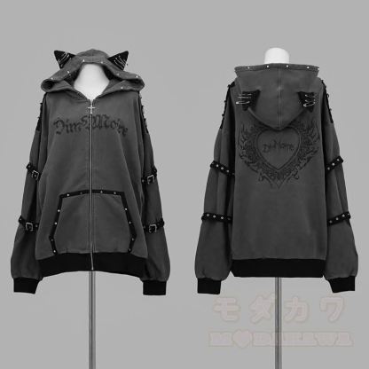 Gothic Y2K Katzenohren-Oversize-Kapuzenmantel mit Reißverschluss - Grau - One Size - image 5
