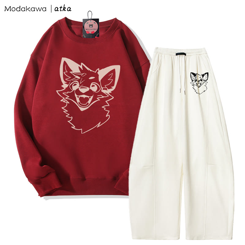 MODAKAWA X atka Verspieltes Fuchs-Grafik-Sweatshirt, weite Hose, zweiteiliges Set - Red&White - 5XL - image 5