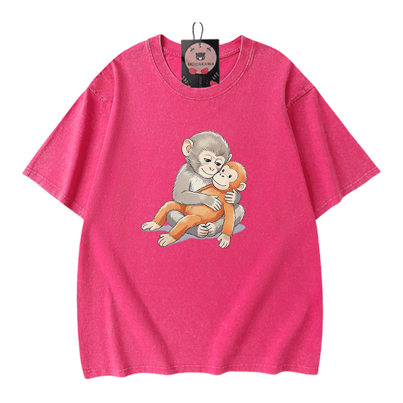 PUNCH Monkey Doll Grafik Modakawa Vintage gewaschenes T-Shirt aus 100% Baumwolle - Rose Red - 5XL - image 5