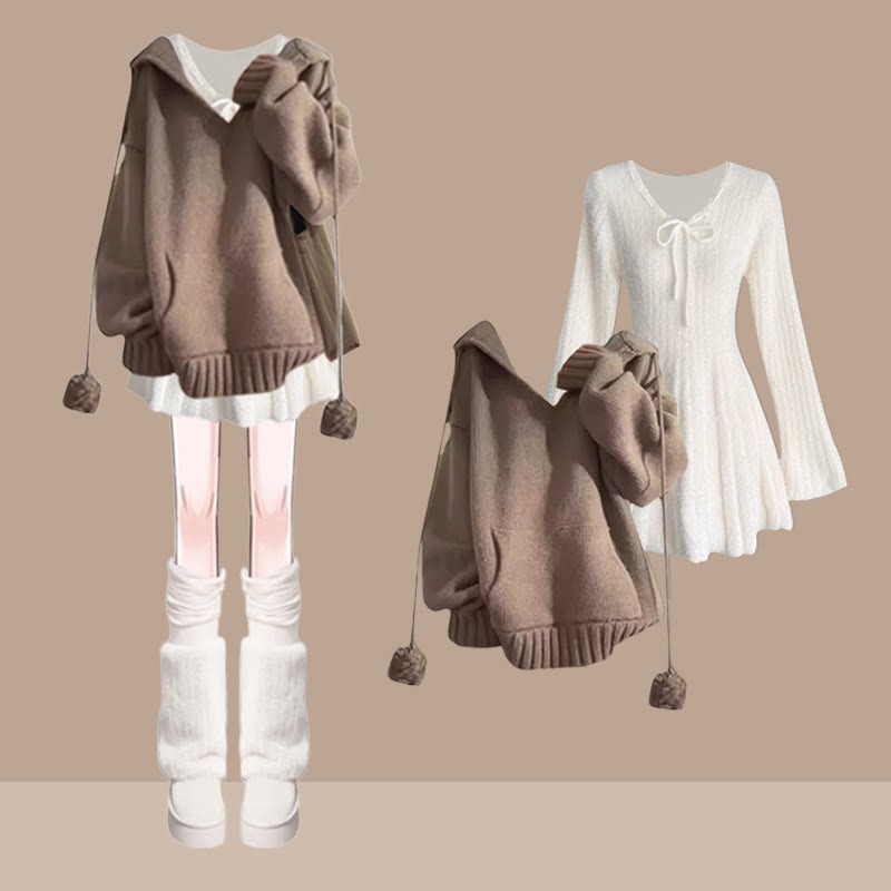 Zweiteiliges Set mit Strickkleid und Taschenpullover - Satz C - XL - image 3