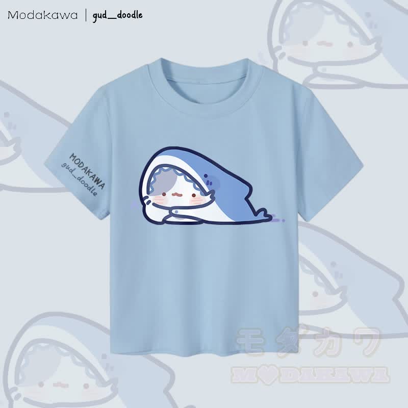 MODAKAWA x gud_doodle Kitty Shark Grafik Damen Cropped T-Shirt 92% gekämmte Baumwolle - Blau - XL - image 4
