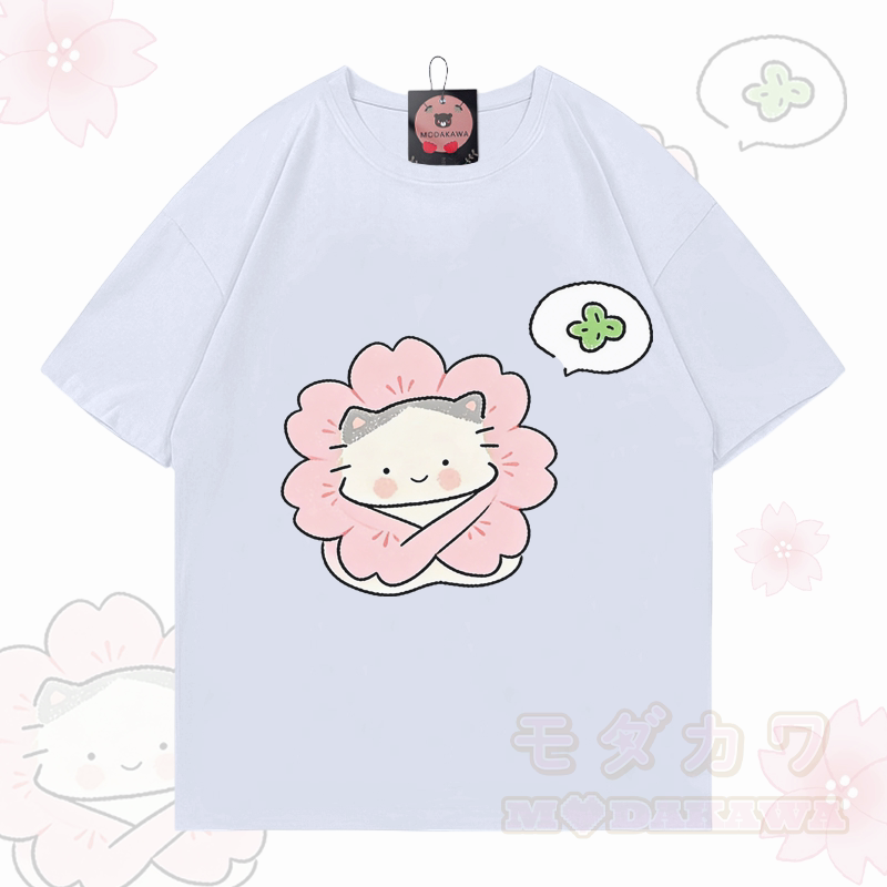 Modakawa T-Shirt aus 100 % Baumwolle mit niedlichem Blumen- und Katzenmotiv - Weiß - 5XL - image 3
