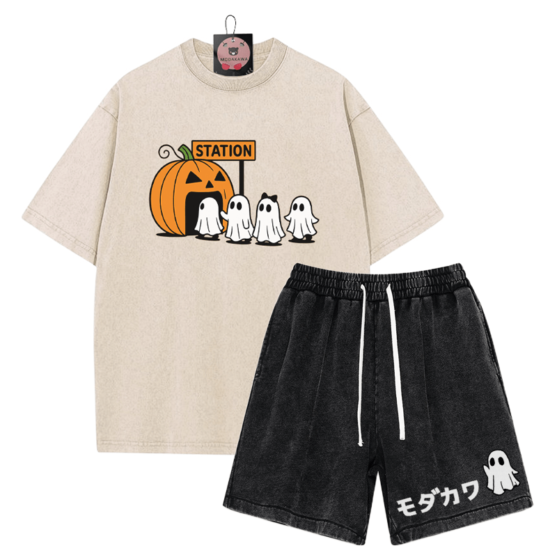 T-Shirt mit Kürbisgeist-Print, verwaschene Vintage-Shorts , MODAKAWA Zweiteiler-Set - Apricot&Black - 3XL - image 7