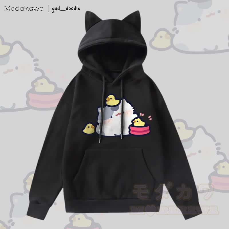 MODAKAWA x gud_doodle Kapuzenpullover mit Katzenohren und Katzenmotiv (mit Taschenfutter) - Schwarz - 2XL - image 4