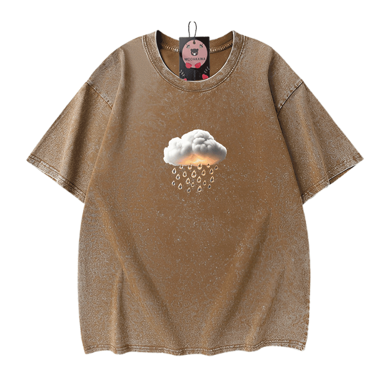 Modakawa Unisex Vintage Washed T-Shirt mit Wolkenregen-Grafik - Brown - 5XL - image 10