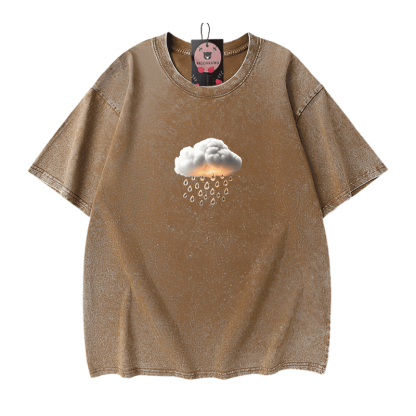 Modakawa Unisex Vintage Washed T-Shirt mit Wolkenregen-Grafik - Brown - 5XL - image 10