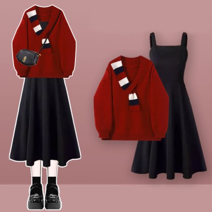 Zweiteiliges Set aus Strickpullover und Unterkleid in Farben - Rotes Set B - XL - image 5