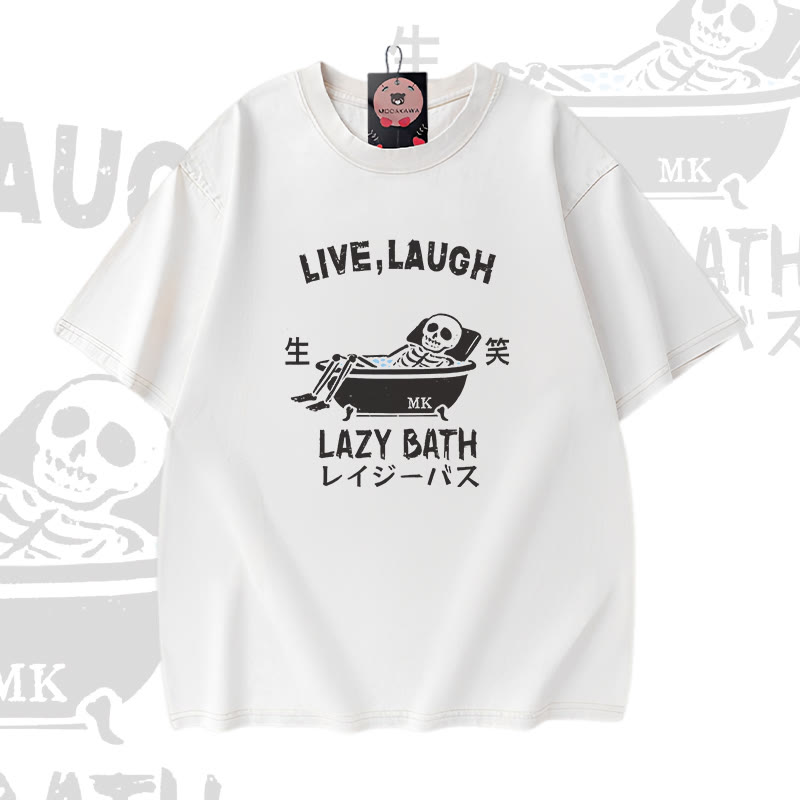 LIVE LAUGH LAZY BATH Skelett-Grafik Modakawa Vintage Washed 100% Cotton T-Shirt - White - 5XL - image 3
