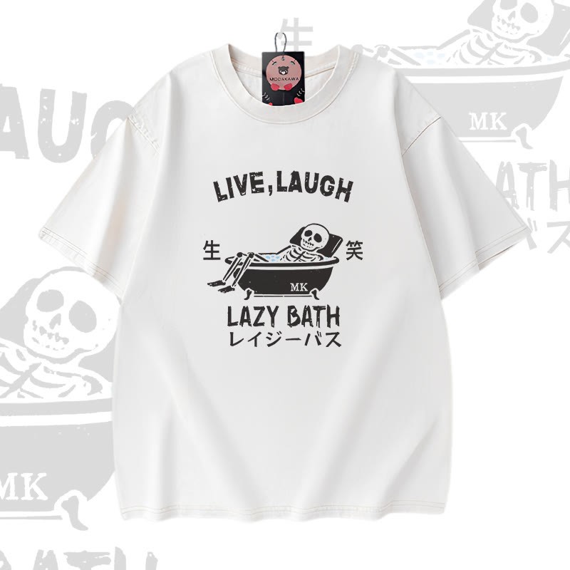 LIVE LAUGH LAZY BATH Skelett-Grafik Modakawa Vintage Washed 100% Cotton T-Shirt - White - 5XL - image 3