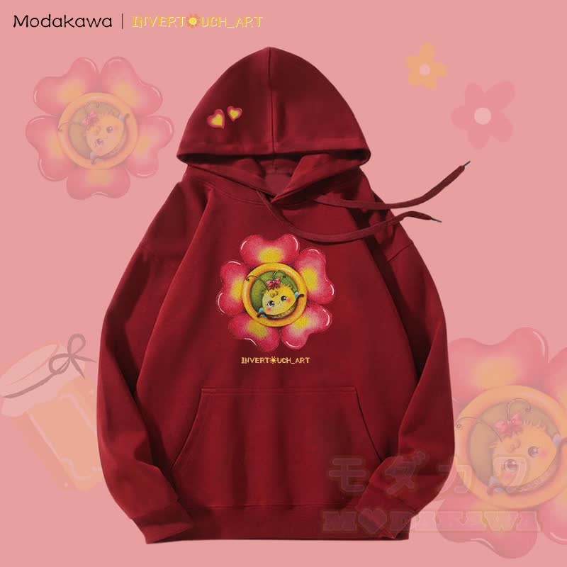 MODAKAWA X INVERTOUCH_ART Fleecegefütterter Hoodie mit Blumen-Bienen-Grafik - Rot - 5XL - image 4