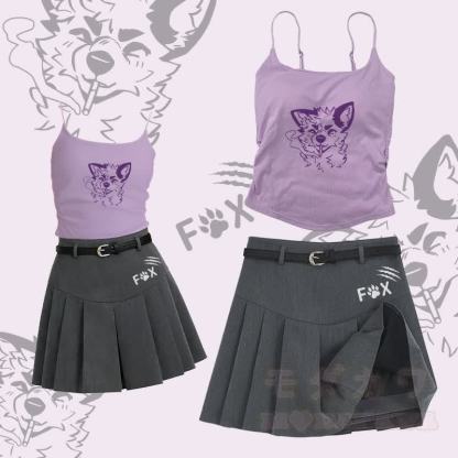 MODAKAWA X atka Smoking Fox Graphic Camisole Belt Pleated Skirt Two Pieces Set - Satz C - L - image 3