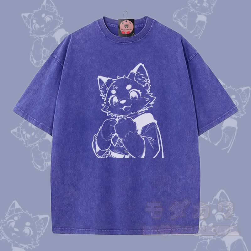 MODAKAWA Unisex-T-Shirt mit niedlichem Katzenmotiv (Pfote haltend) im Vintage-Stil - Blau - 5XL - image 3
