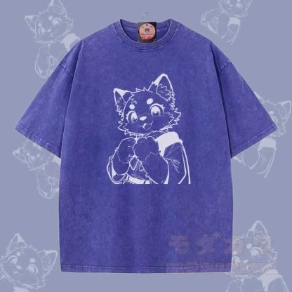 MODAKAWA Unisex-T-Shirt mit niedlichem Katzenmotiv (Pfote haltend) im Vintage-Stil - Blau - 5XL - image 3
