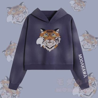MODAKAWA Smoking Tiger Graphic Unisex Vintage Washed Hoodie - Blau - XL - image 3