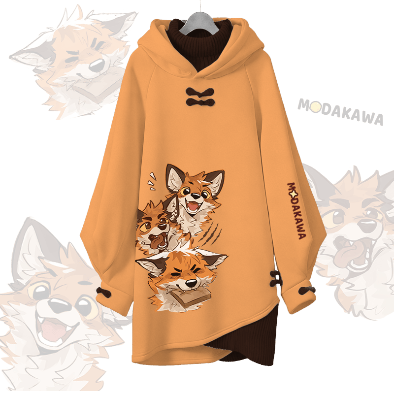 MODAKAWA X atka Lustiges Fuchs-Modakawa-Schnalle Vintage Kapuzenpullover-Kleid - Orange - 3XL - image 2