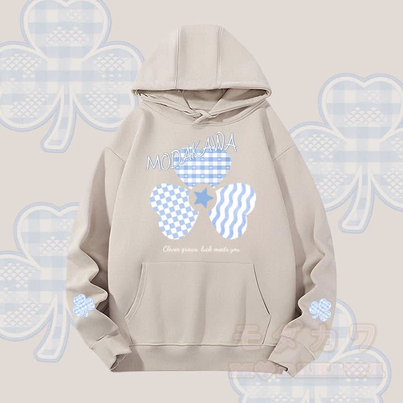 MODAKAWA Blauer Gingham-Hoodie mit dreifachem Kleeblatt-Motiv, schwere Ausführung - Haferflocken - 2XL - image 4