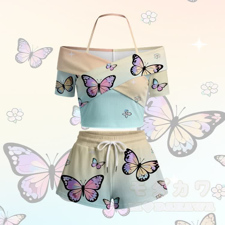 Modakawa Set aus schulterfreiem Top und Shorts mit Schmetterlingsprint und Farbverlauf – Top und Shorts mit Farbverlauf - Gelbes Set - 5XL - image 4