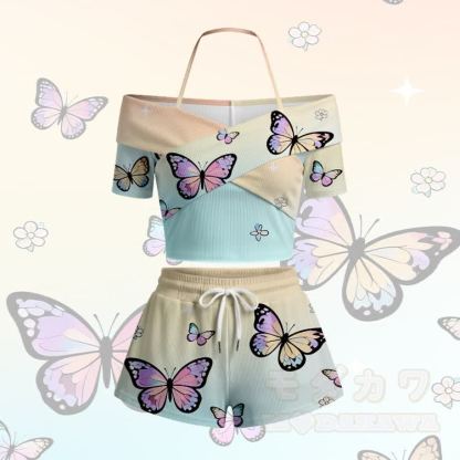 Modakawa Set aus schulterfreiem Top und Shorts mit Schmetterlingsprint und Farbverlauf – Top und Shorts mit Farbverlauf - Gelbes Set - 5XL - image 4