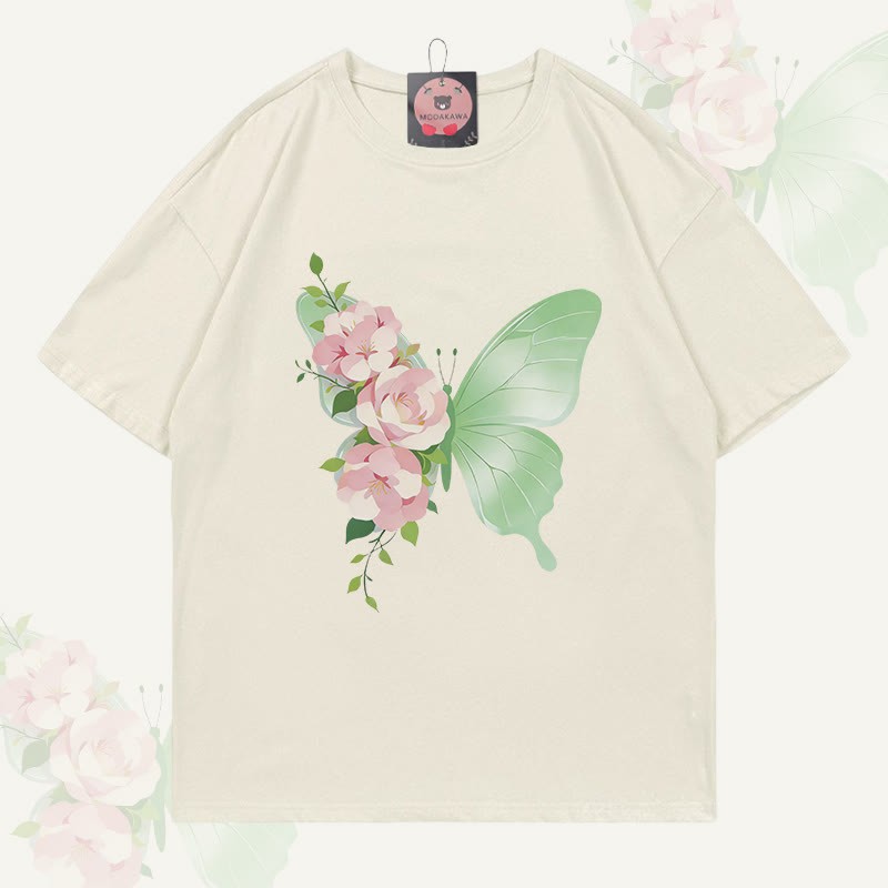 MODAKAWA T-Shirt mit Blumen- und Schmetterlingsgrafik - Beige - 5XL - image 3