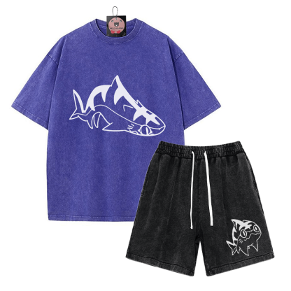 T-Shirt mit Goofy-Pupfish-Grafik und verwaschenen Vintage-Shorts, zweiteiliges Set - Blue&Black - 3XL - image 8