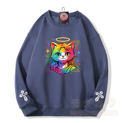 Modakawa Sweatshirt mit Regenbogen-Engel-Katzenkreuz-Grafik - Staubiges Blau - 5XL - image 4