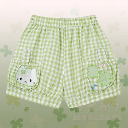 Raglan-T-Shirt mit Katzenmotiv, karierte Shorts und passendes Outfit von Modakawa - Grüne Shorts - L - image 9