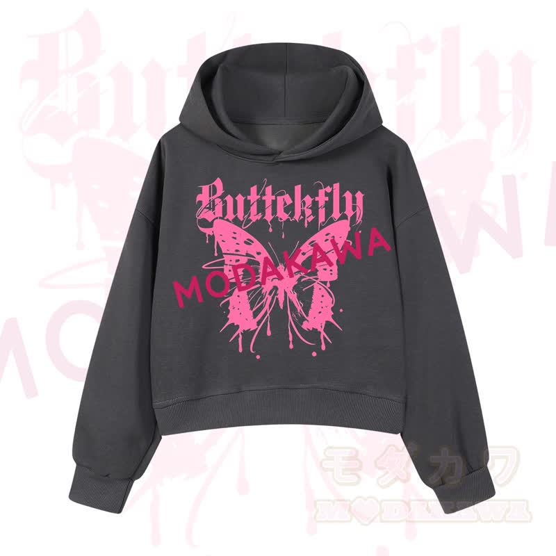 MODAKAWA Baumwoll-Hoodie mit Schmetterlingsmotiv (kurzer Schnitt) - Dunkelgrau - 3XL - image 7