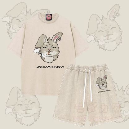 MODAKAWA Smoking Bunny Grafik Vintage Washed T-Shirt Shorts Zweiteiliges Set - Aprikose - 3XL - image 10