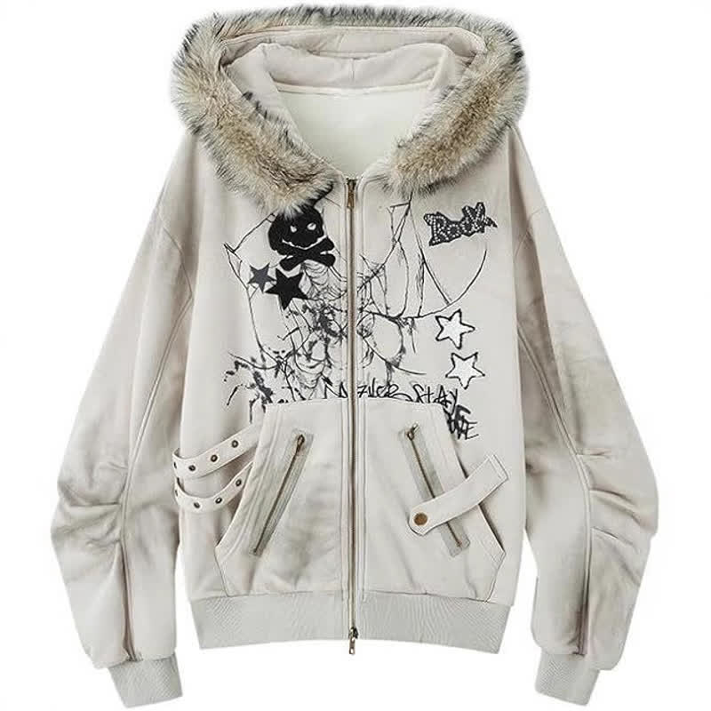 Vintage-Sweatshirtjacke mit Kapuze und Reißverschluss, Hasenohren-Motiv im Used-Look - Beige - XL - image 6