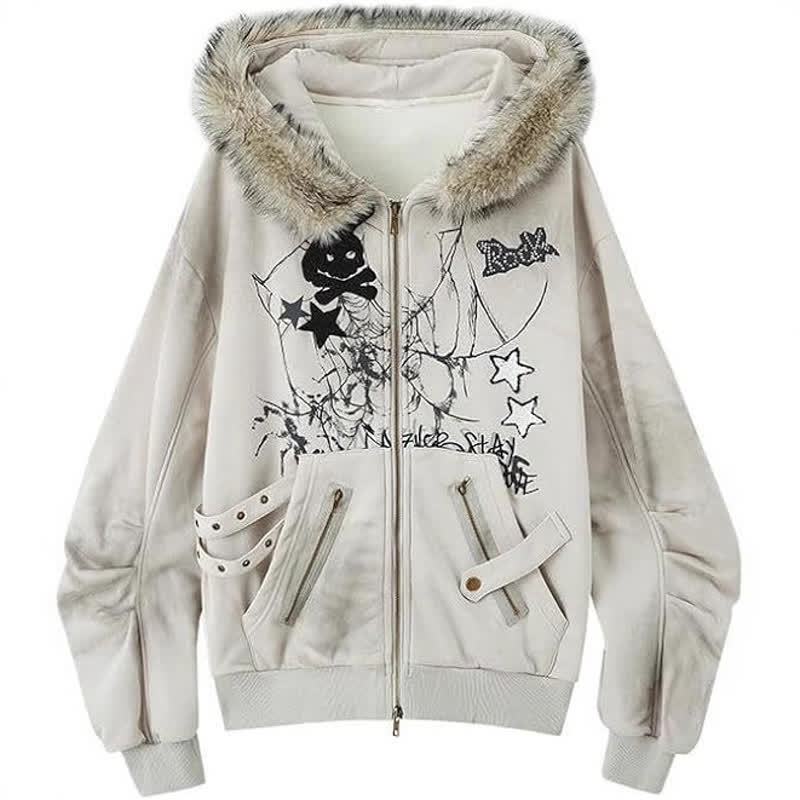 Vintage-Sweatshirtjacke mit Kapuze und Reißverschluss, Hasenohren-Motiv im Used-Look - Beige - XL - image 6