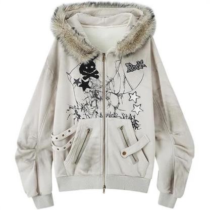 Vintage-Sweatshirtjacke mit Kapuze und Reißverschluss, Hasenohren-Motiv im Used-Look - Beige - XL - image 6
