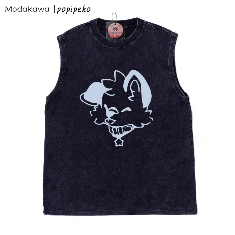 MODAKAWA X popipeko Unisex-T-Shirt mit Welpengrafik, Vintage-Waschung, ärmellos - Schwarz - 2XL - image 4