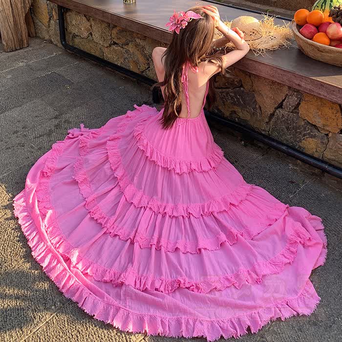 Boho Maxikleid mit tiefem V-Ausschnitt, Spaghettiträgern und Rüschen - image 11