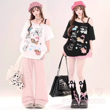 Niedliches One-Shoulder-T-Shirt mit Hundeprint und Rüschenrock - image 4