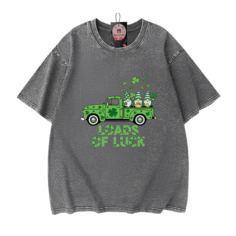 St. Pakrit's Day Lucky LOADS OF LUCK Graphic Modakawa Vintage Washed 100% Cotton T-Shirt - Grey - 5XL - image 9