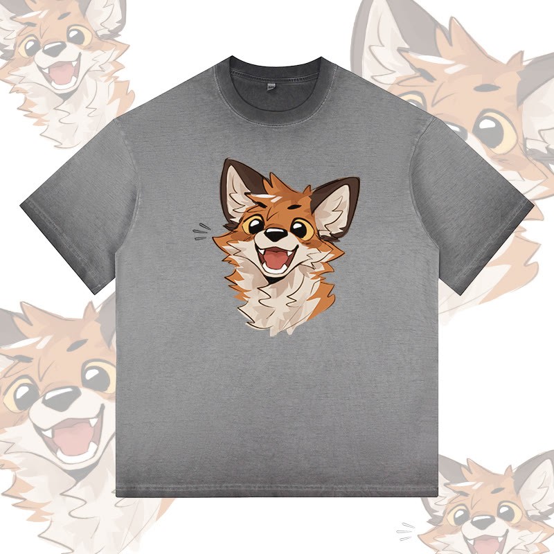 MODAKAWA X atka Cheerful Fox Graphic 100% Cotton Gradient Washed T-Shirt - Grey - 5XL - image 2