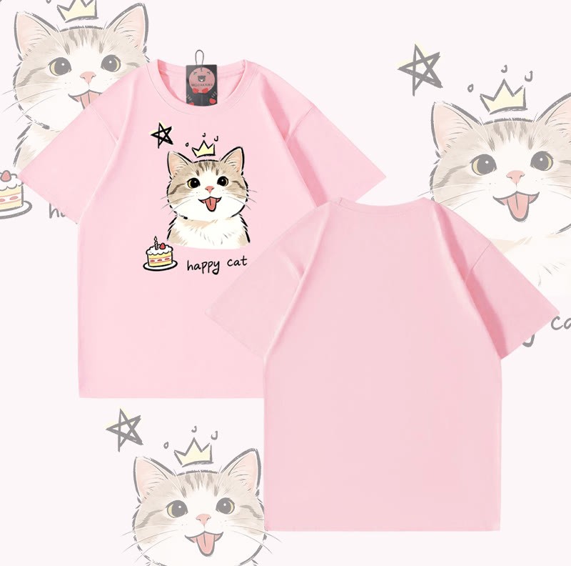 Modakawa T-Shirt mit HAPPY Katzenkuchen-Motiv, 100 % Baumwolle - Pink - 5XL - image 4