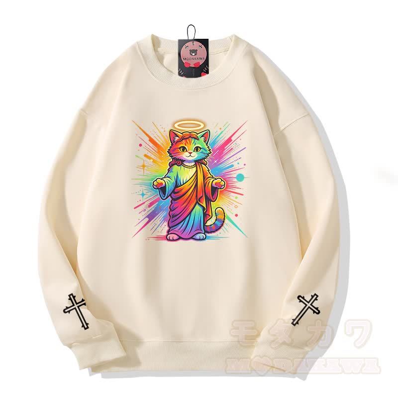 Modakawa Sweatshirt mit Regenbogen-Engel-Katzenkreuz-Grafik - Beige - 5XL - image 3