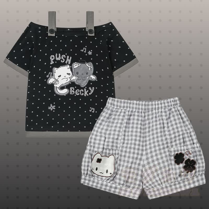 Polka Dot Cat Graphic Top Kitty Gingham Shorts Modakawa Matching Outfit - Satz C - L - image 3
